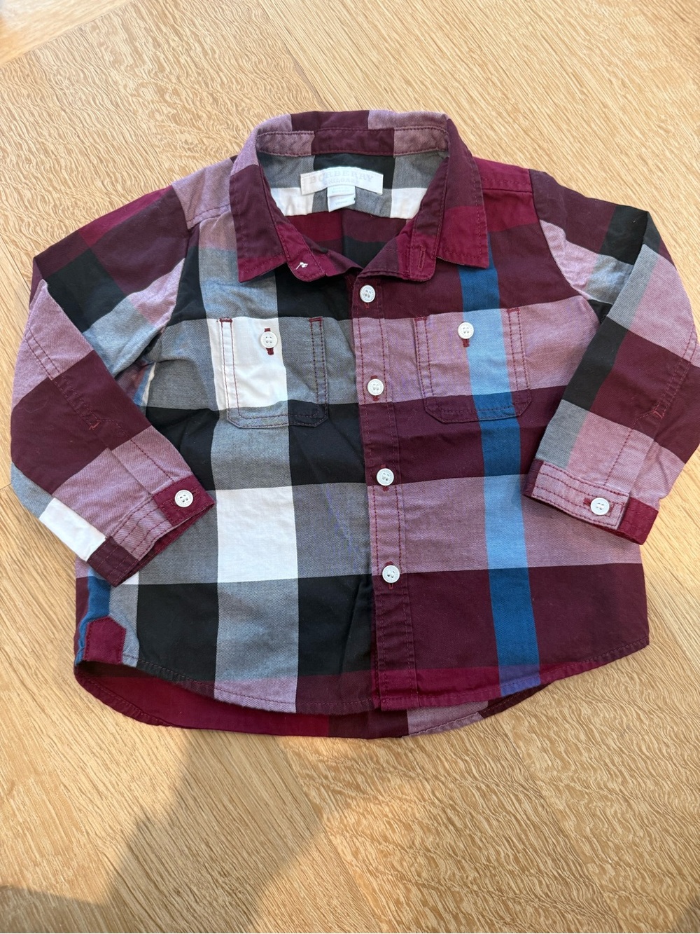 Burberry Baby Classic Plaid Button-Up in Burgundy, Blue Black & White size 9M